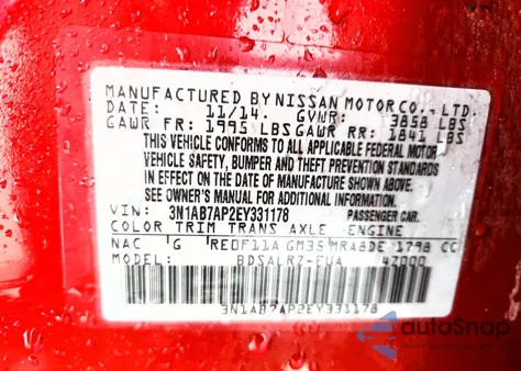 2014 Nissan Sentra S z USA, uszkodzony, nr VIN 3N1AB7AP2EY331178